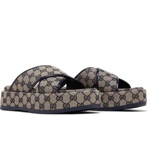 AUTHENTIC- Gucci Wmns GG Platform Slide Sandal 'GG Motif - Beige Blue'